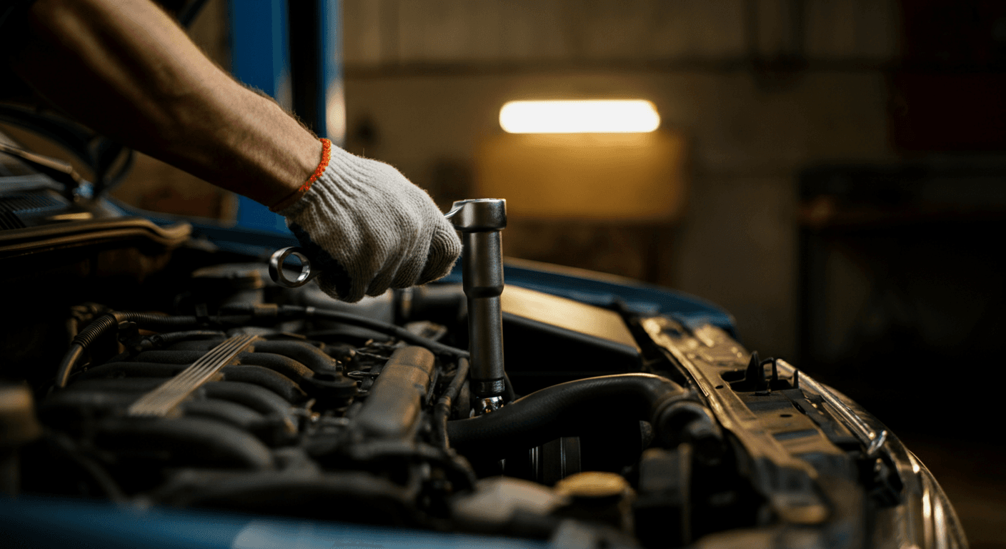 Mechaniker-Hand mit Drehmomentschlüssel an einem Motorblock in einer abendlich beleuchteten Werkstatt.
