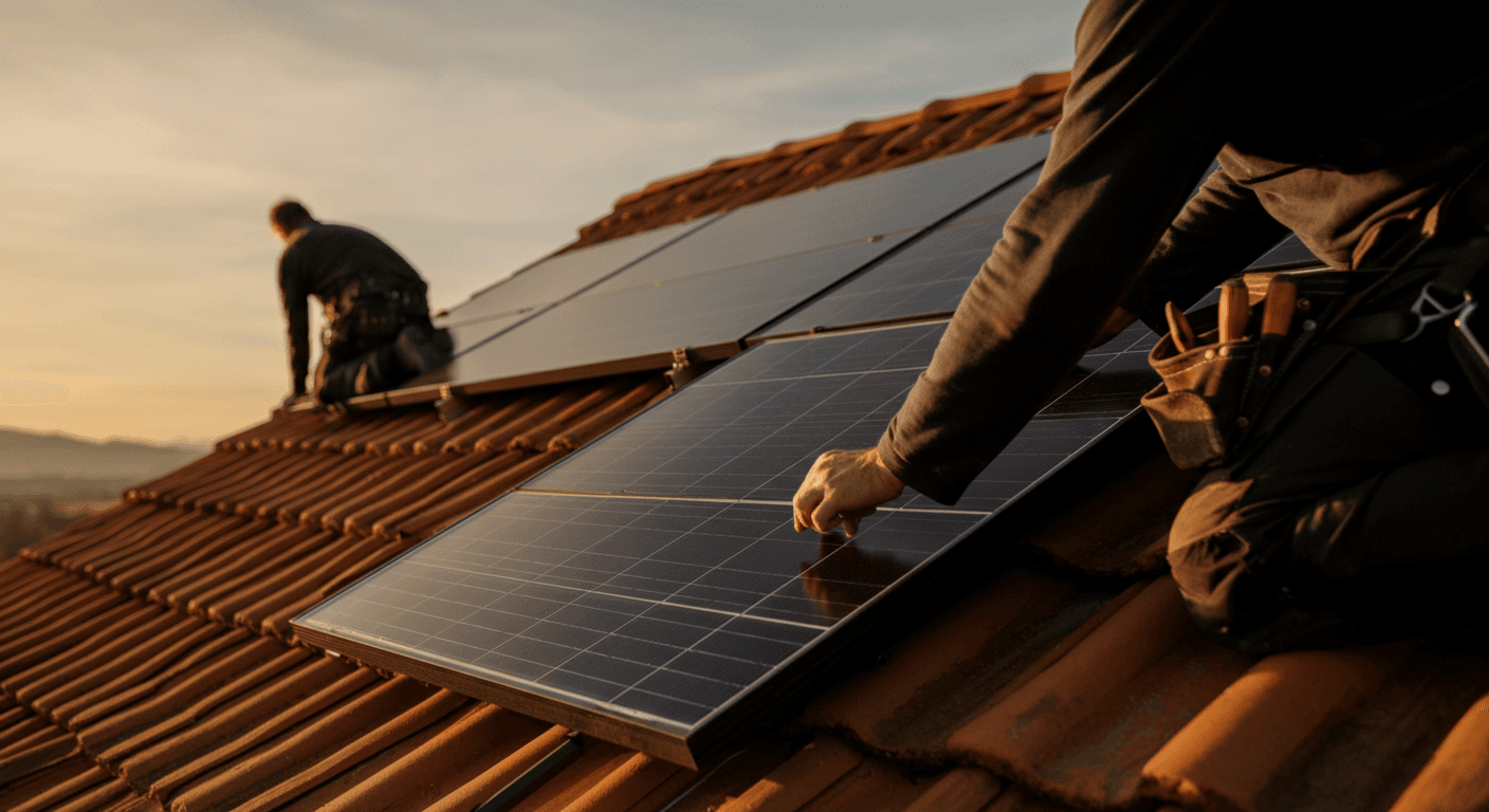 Zwei PV-Installateure montieren mono-kristalline Solarmodule auf einem süddeutschen Ziegeldach im Abendlicht.